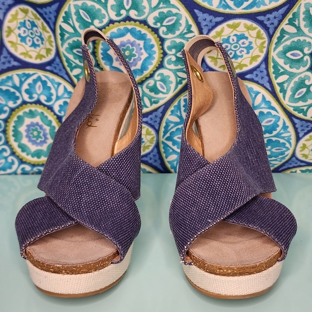 Splendid Denim Blue Canvas Crisscross Open Toe Platform Wedge Sandals Slingback